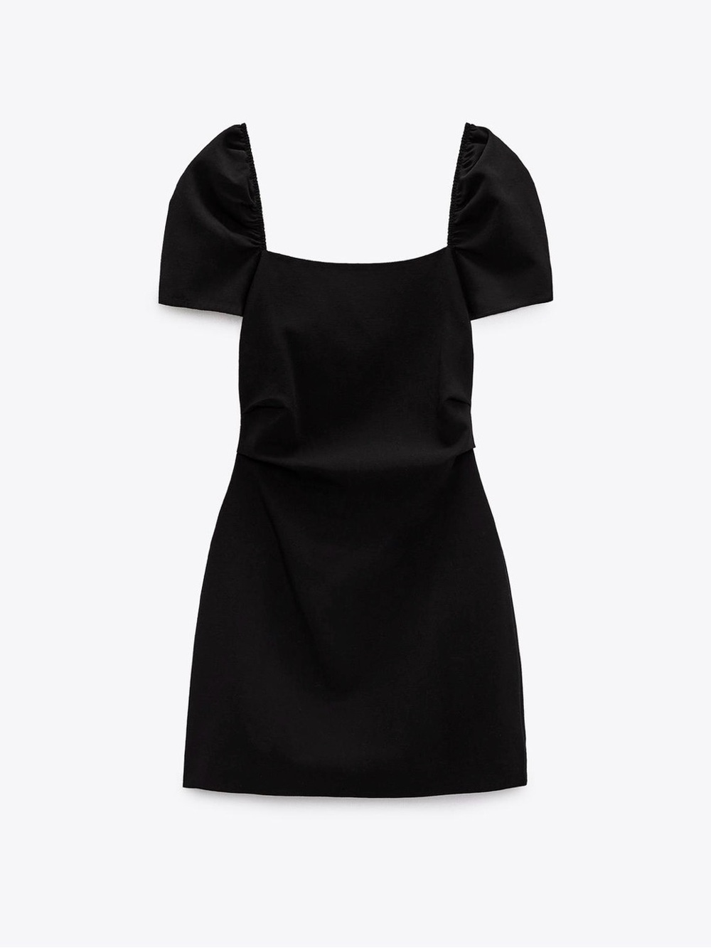 Zara Black Short Puff-Sleeve Open Back A-Line Dress NWT Women XS Linen-Cotton